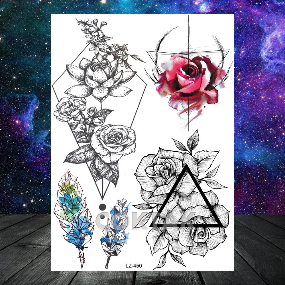 

Waterproof Black Sketch Flora Cat Fox Spaceman Temporary Tattoos For Women Fake Sticker Men Tattoo Triangle Body Arm Tatoo Paper