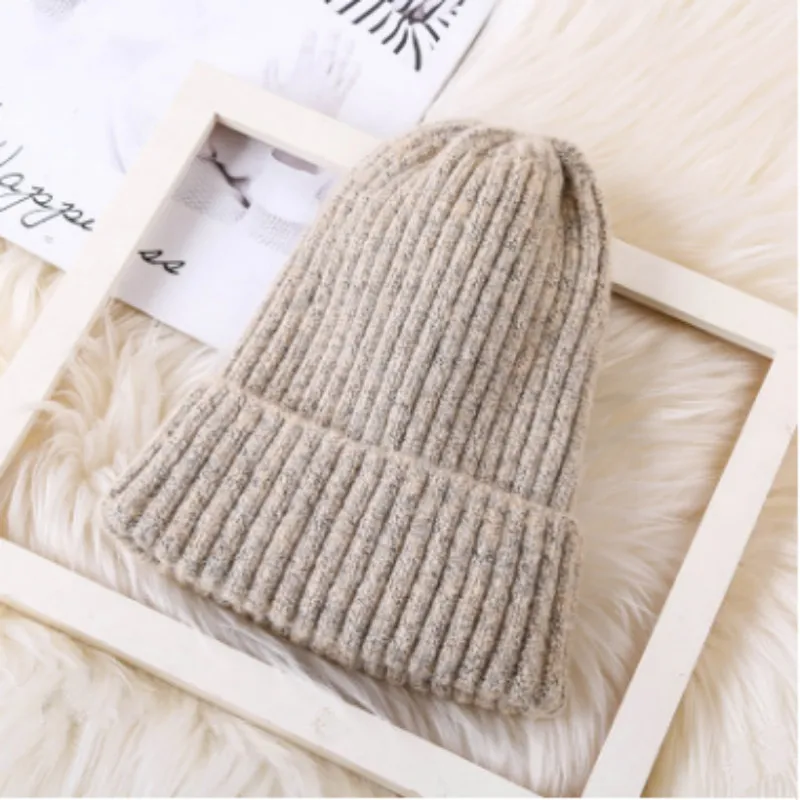 Модная шерстяная шапка Skullies Beanie для женщин и девочек, однотонная теплая шерстяная трикотажная шапка, ветрозащитная женская зимняя шапка - Цвет: Бежевый
