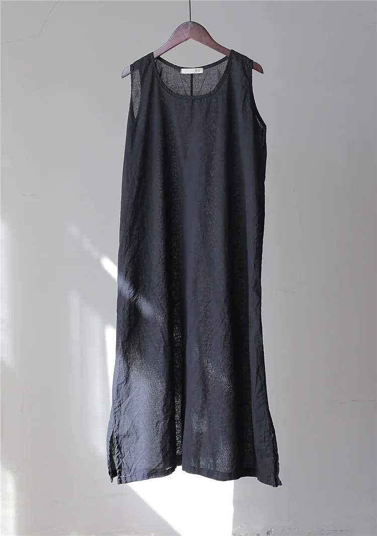 Черный Johnature, лето, 5 цветов, винтажное свободное платье для женщин, без рукавов, одноцветное, с круглым вырезом, тонкое, простое, удобное платье, Новинка - Цвет: Черный