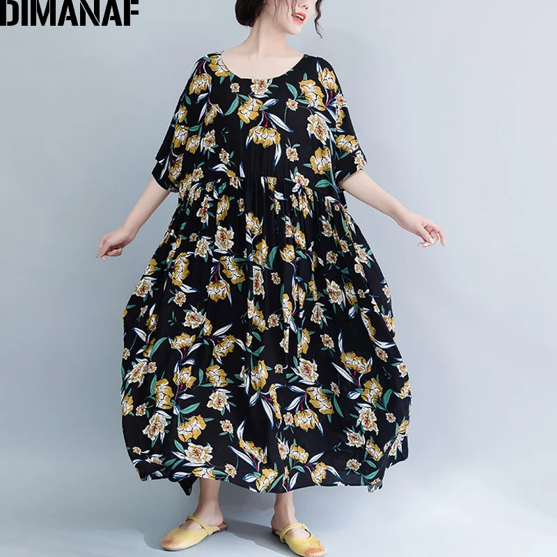 DIMANAF размера плюс, женское пляжное платье, летний сарафан для женщин, Vestidos, элегантное женское Платье макси с цветочным принтом, свободное, большой размер 5XL 6XL