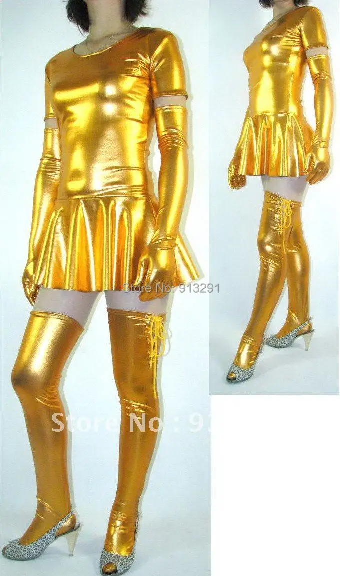 New Gold Shiny Metallic Sexy Women's Dress&ampSkirt with Glove/Stockings Halloween Dresses #233 |