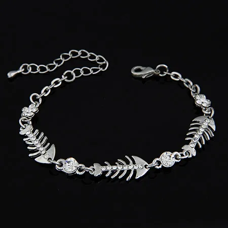 LEMOER Gold Silver Color Crystal Rhinestone Fish Bone Flower Bracelet Chain Link initial charm bracelets Jewelry pulseiras | Украшения и