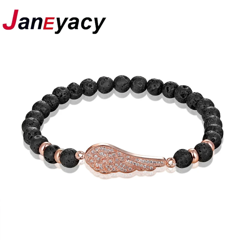 

2018 New 6mm Beads Fashion Natural Stone Bracelet Lady Volcanic Stone Charm Bracelet 4 Color Classic Wings Bracelet Party gift