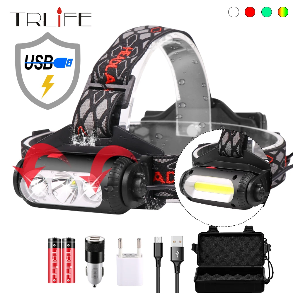 

COB Fishing LED Headlight Portable Camping Headlamp USB Charging XPE T6 Lantern 8Mode Waterproof Red Green IndicatorUse 2x 18650