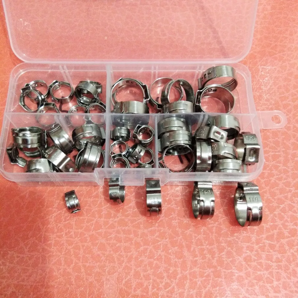 

Free shipping Pipe Clamp High Quality50 PCS Stainless Steel 304 Single Ear Hose Clamps Assortment Kit Single with box