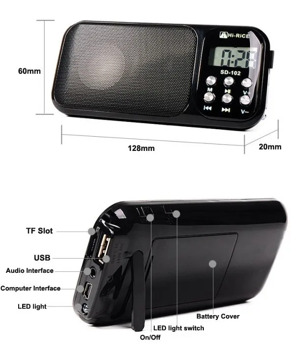 Free shipping 10pcs/lot Hi-Rice SD-102 portable TF USB Mini Speaker with FM function Flash light Stereo speakers Alarm Clock |