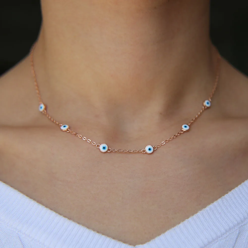 Розовое золото Цвет 6 шт. эмалированный Круглый сглаза шарм звено цепи Турецкий