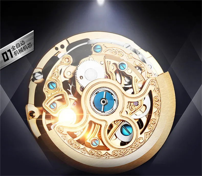 

Gold Steel Dial 50m Waterproof Men's Self-Wind Mechanical Watches LOREO Automatic Skeleton Watch Men Relojes Hombre 2019