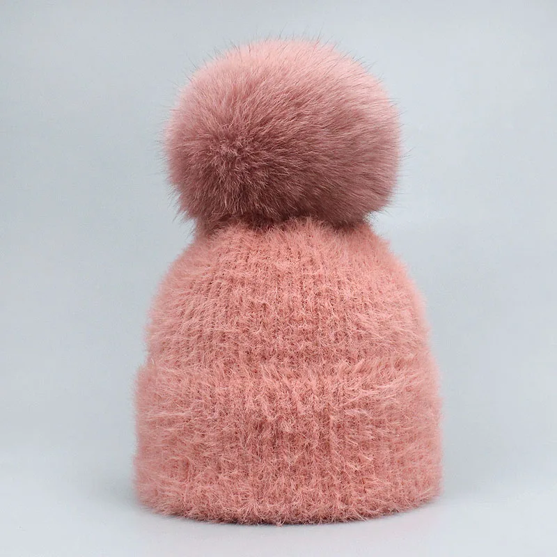 Hat Rose Комплект из 2 предметов, новинка, зимняя шапка с лисьим помпоном и кроличьим мехом и шарф для женщин и девочек, Хлопковая женская зимняя вязаная шапка, Повседневная одноцветная - Цвет: Hat Rose