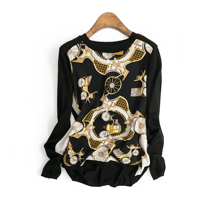 

silk spliced tencel wool blend knit women spring fashion pullover sweater tshirt printed patchwork color M/L retail wholesale