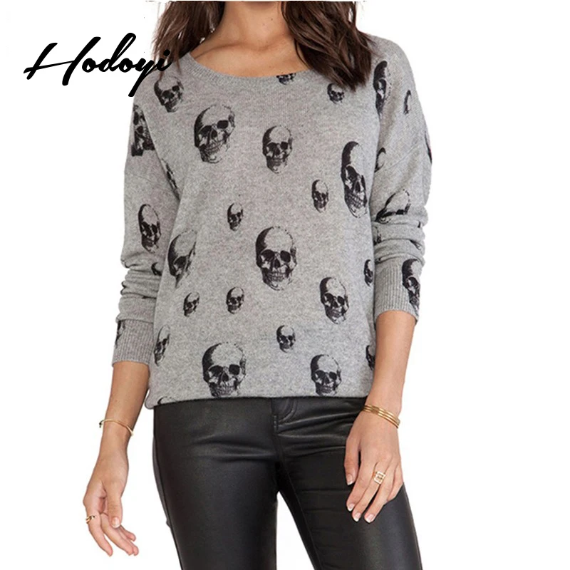 Hodoyi Women Fashion Halloween Long Sleeve Sweater Chic Print Solid Grey Skull Pattern O-neck Skeleton Cuff Hem Knitted | Женская одежда