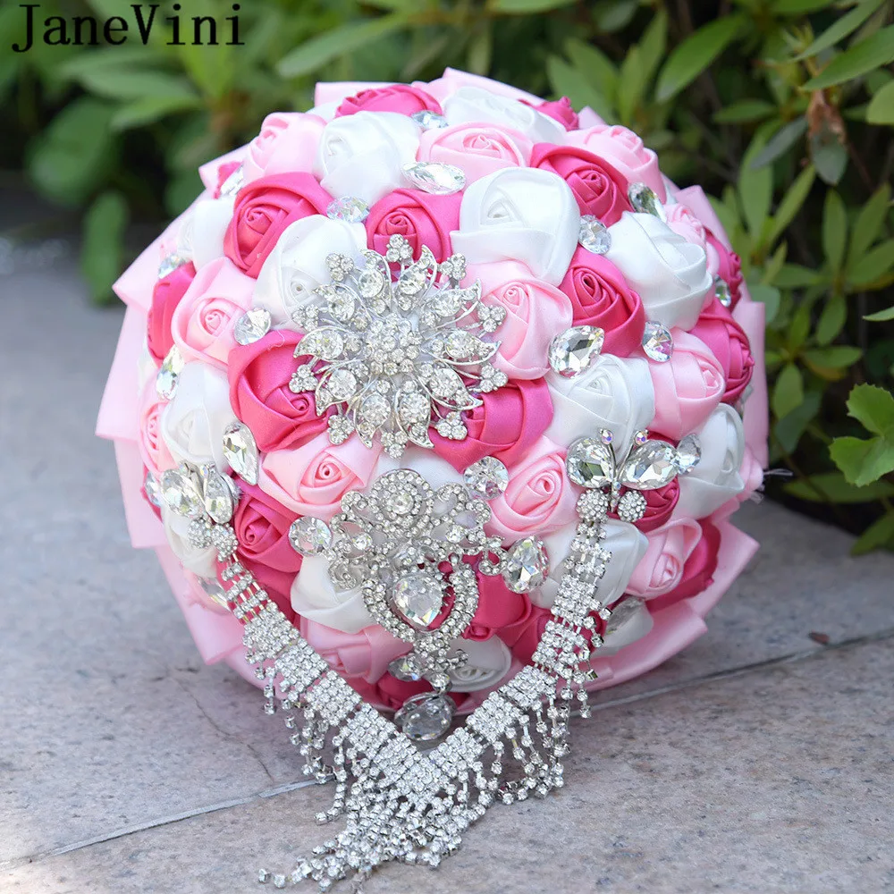 

JaneVini 2019 Silver Crystal Wedding Bouquet De Fleur Pink Purple White Bridal Bouquets Satin Roses Beaded Flowers flor novio