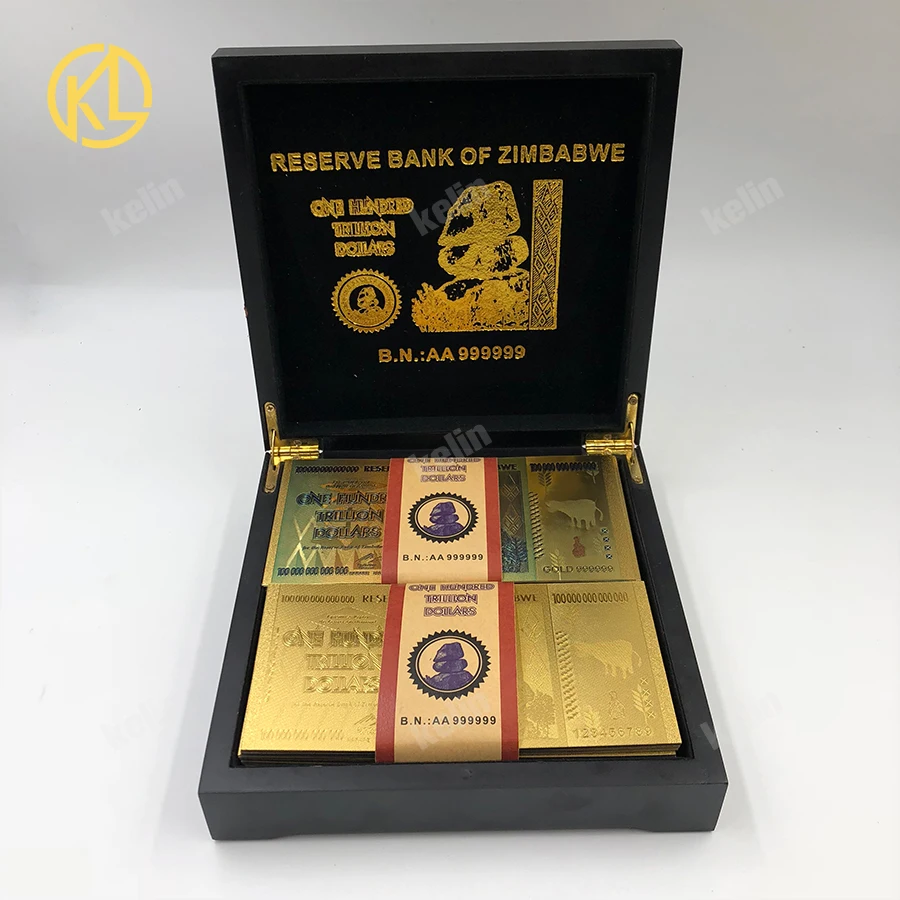 

100 шт./лот Смешанная 999 Золотая фольга 100 триллиона долларов Зимбабве банкнота в красивой черной деревянной коробке для коллекции
