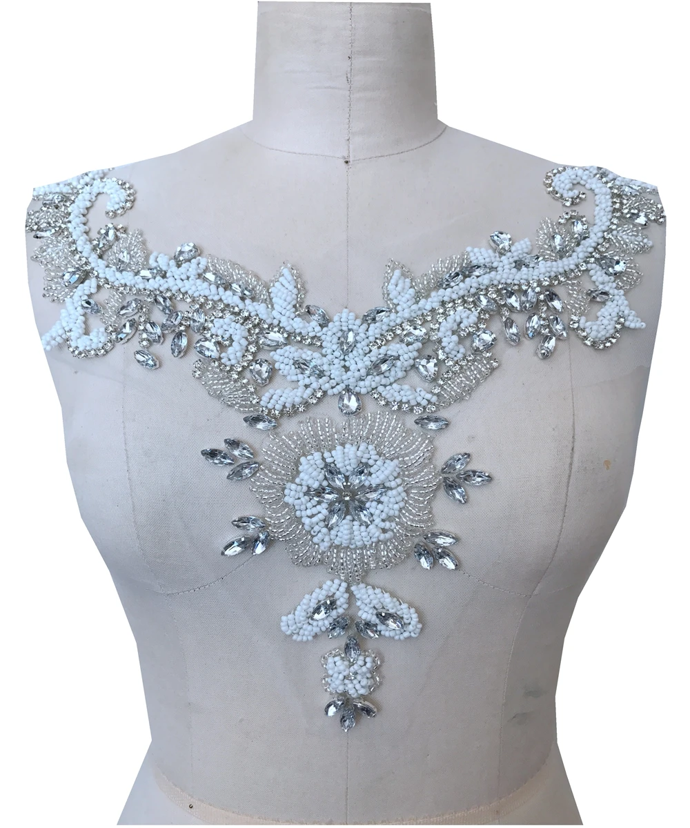

Handmade rhinestones patches sew on beads crystal applique for wedding dress neckline
