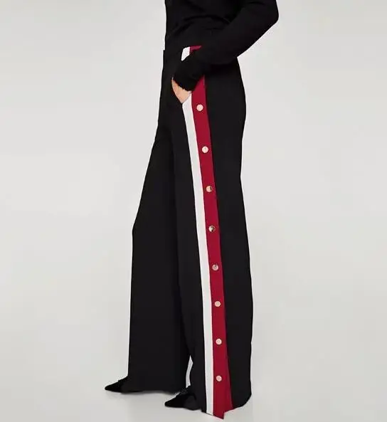 European style fashion hit color stitching women's trousers casual loose female high waist wide leg pants |