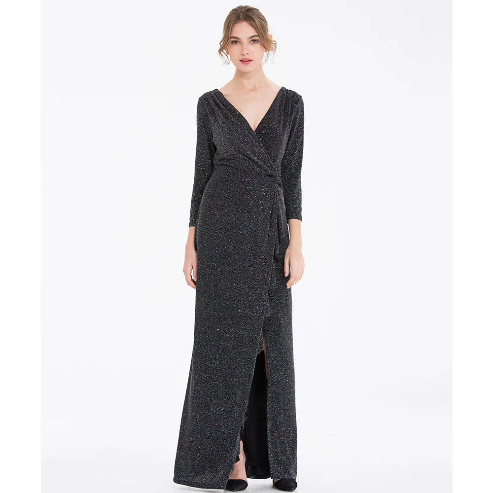 Angel-Fashion женское вечернее платье с 3/4 рукавом, длинное Плиссированное Платье макси с оборками и разрезом, вечерние платья черного цвета, элегантные 445