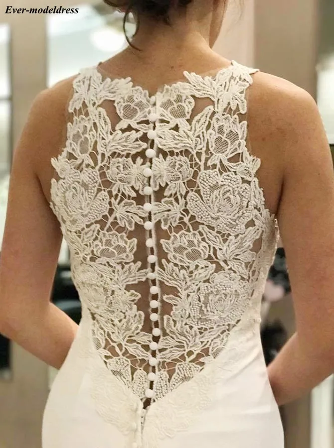 

Elegant 2019 Wedding Dresses Mermaid Lace Appliques O-Neck Button Back Chiffon Bridal Gowns Vestido De Noiva