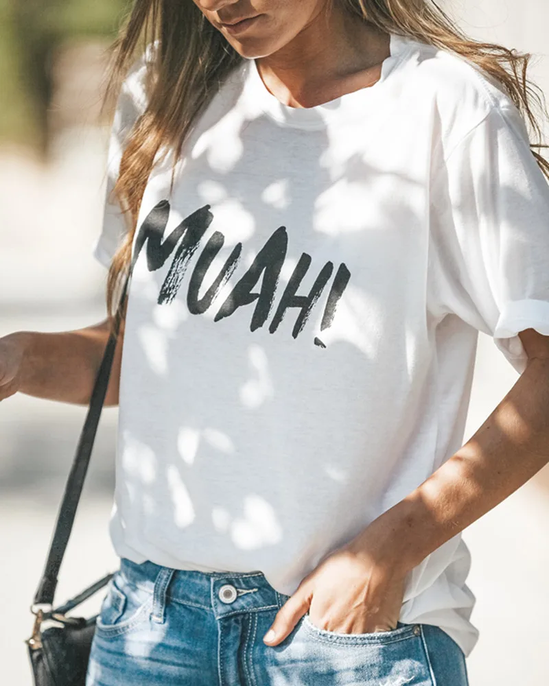 RUGOD новейшая Хлопковая женская рубашка с забавными буквами MUAH летняя белая блузка с рукавами в рулоне Harajuku повседневные женские топы