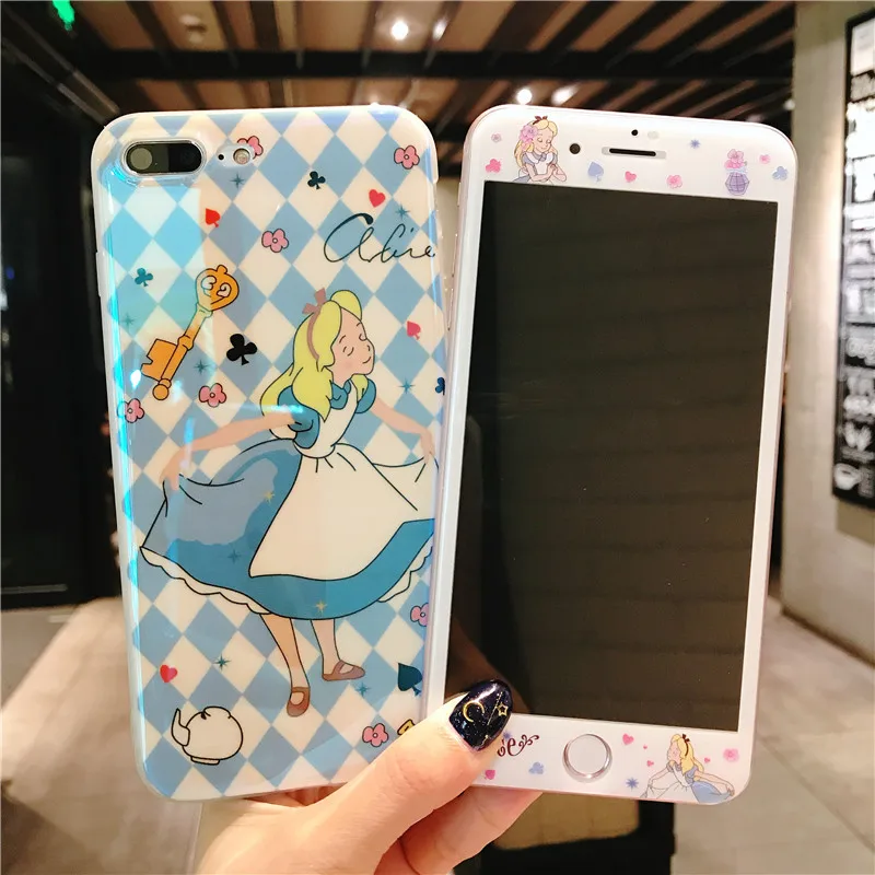 For iPhone 7 7Plus Cute Ariel Princess Case +Tempered Glass Screen film Mermaid / Alice Cover for X 8 8plus 6 6S 6SPlus |