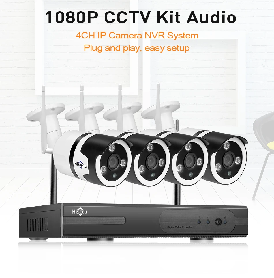 Hiseeu 1080P Беспроводная система видеонаблюдения 4CH сенсорный экран lcd NVR 2MP двухсторонняя аудио ip-камера SD карта Запись комплект видеонаблюдения