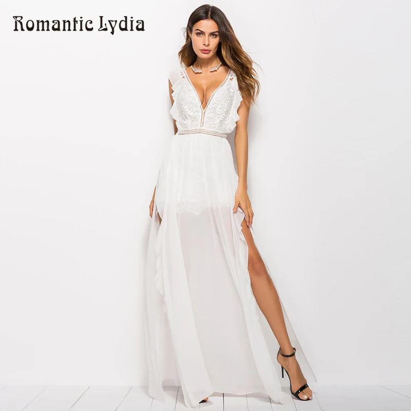 2018 Women Elegant Luxurious Floor Length V Neck Summer White Long Lace Dress | Женская одежда
