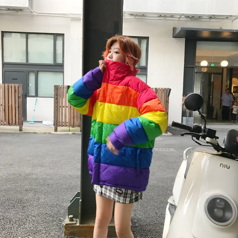 U-SWEAR Harajuku зимняя повседневная куртка для женщин Радуга ватная парка размера плюс свободное Полосатое пальто Femme Chaqueta Mujer