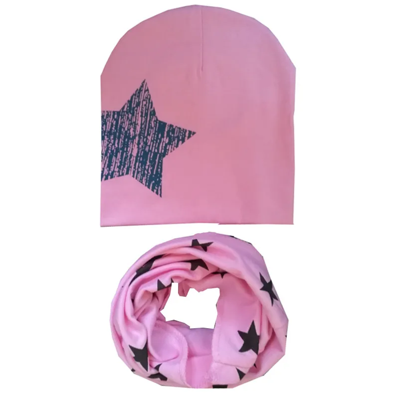 pink big star A set Коллекция года, осенне-зимний детский комплект с шапкой со звездой и смайликом, детский головной убор на весну, теплые детские вязаные шапки с воротником, комплекты хлопковая детская шапка и шарф - Цвет: pink big star A set