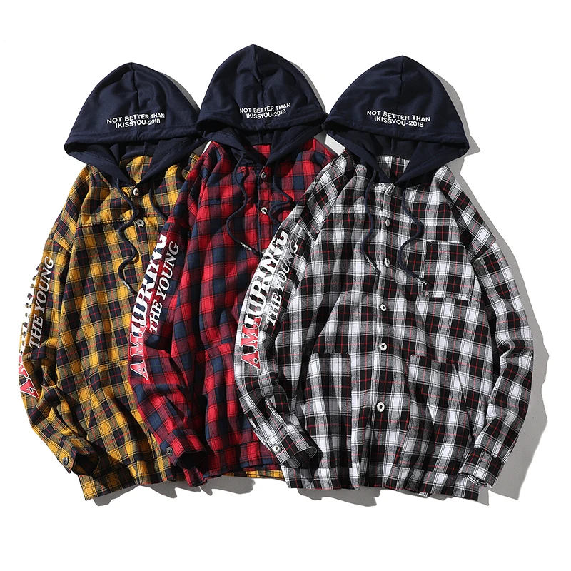 Рубашка в клетку из 100% хлопка с капюшоном 3 вида цветов camiseta manga longa masculina рубашка