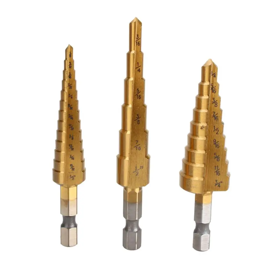 

Hot Selling 3Pcs/Set Step Drill Bit Titanium Coated Hole Cutter Quick-change 1/4" Hex Shank Drills Cut Tool High Quality