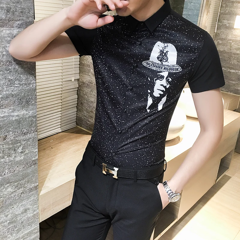 

new Summer night wind black micro printed shirts men's shirt sleeve men play a short-sleeved shirt 1648 p50 two color