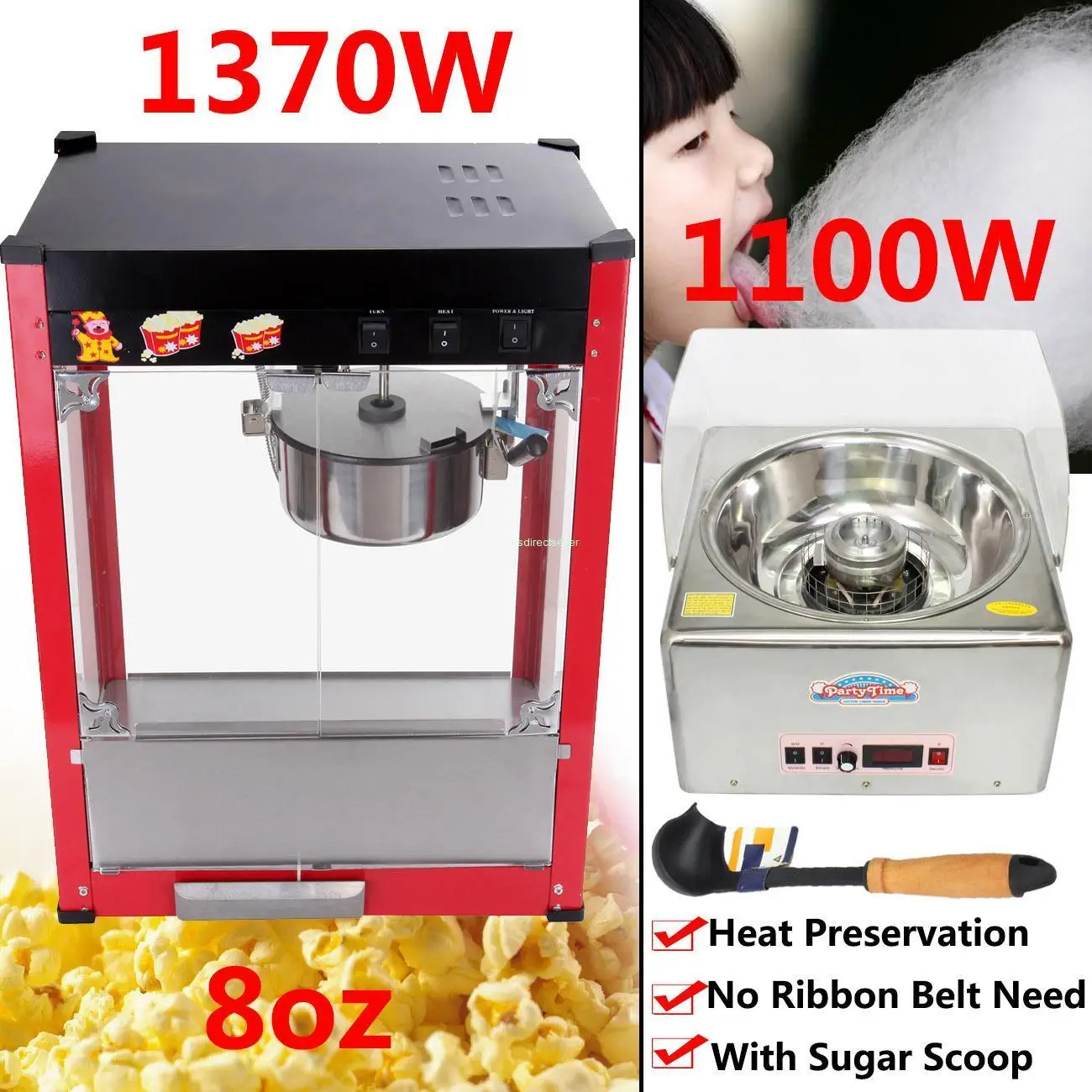 New 1370W Pop Corn Popper Machine 8oz / 1100W Candy Cotton Floss Maker Machine