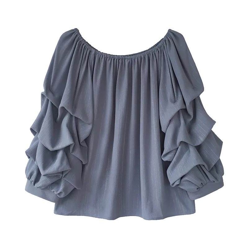 Summer new Korean version of a word collar shoulder loose chiffon shirt elegant long-sleeved blouse woman |