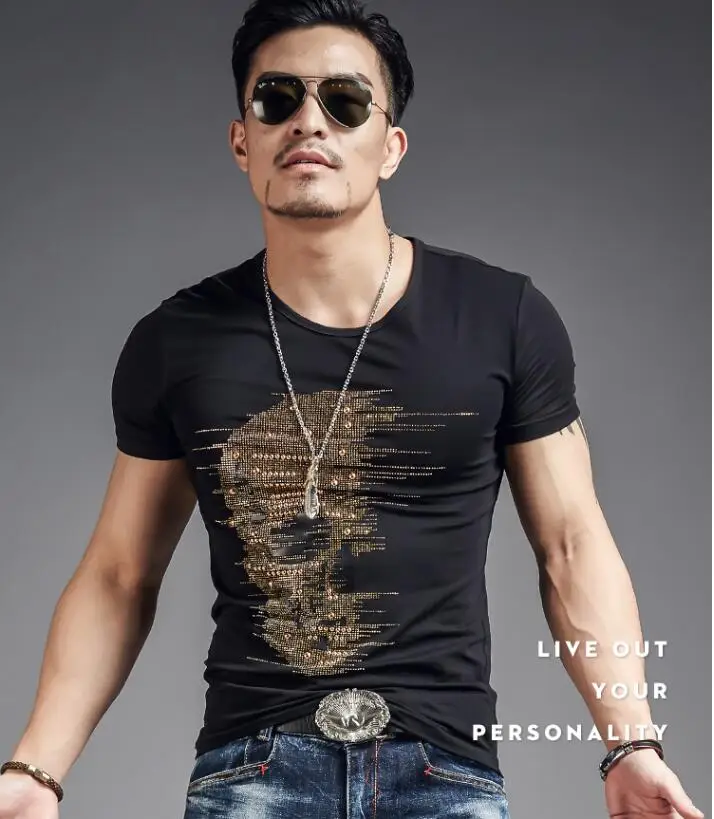 Men's short sleeve t-shirt modal skull drilling trend metrosexual man half | Мужская одежда