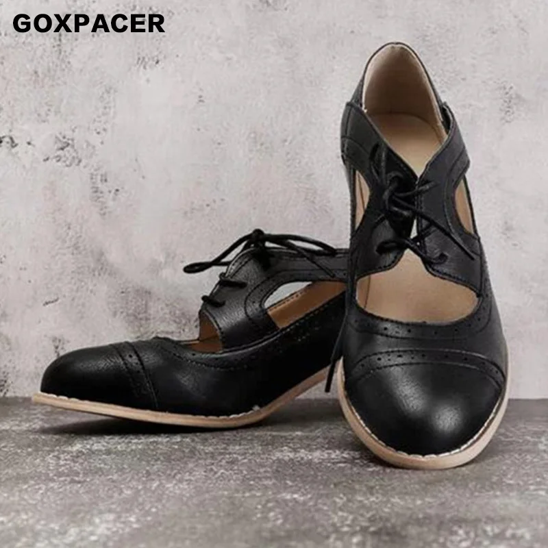 GOXPACER/ г. ; новые женские босоножки с лазерной вентиляцией в стиле ретро; туфли на низком каблуке с круглым носком - Цвет: Черный