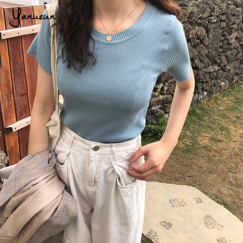 Yanueun Женская трикотажная футболка простая мягкая с круглым вырезом коротким