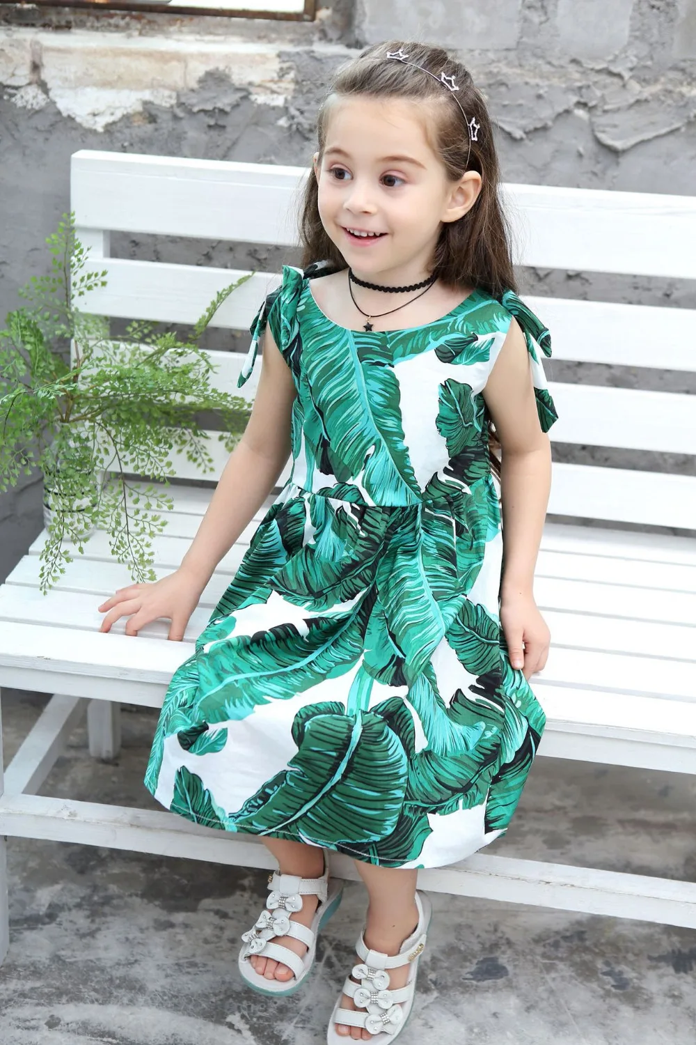Платья для девочек 2018 принцессы с принтом зеленых листьев хлопковые вечерние