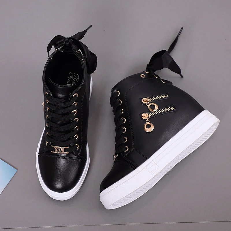 2019 New Autumn Waterproof Wedges Woman Casual Metal Zipper Shoes Platform Heels Female Leisure Black &amp White Women Sneakers | Обувь