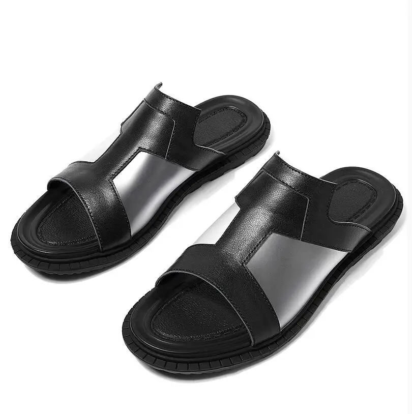 Модные мужские летние тапочки из натуральной кожи повседневные пляжные для