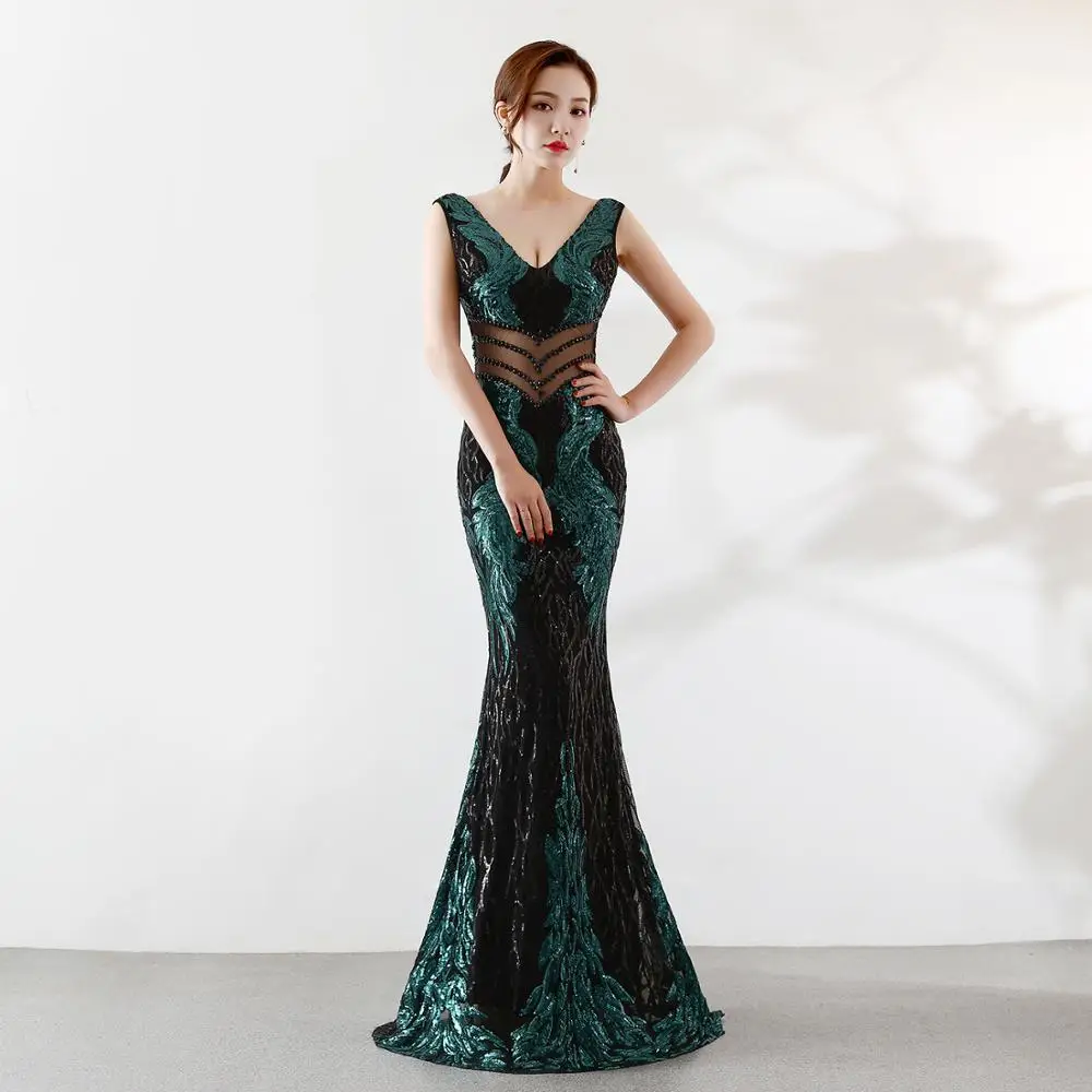 2020 New Double-V Embroidery Mermaid Evening Dress Prom Gowns Formal Party Vestido de Festa Elegant Luxury Robe LF153 | Свадьбы и
