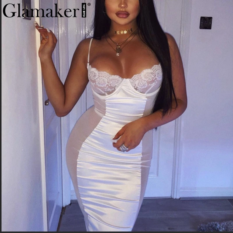 Женское платье без рукавов Glamaker Белое Облегающее с кружевной сеткой и