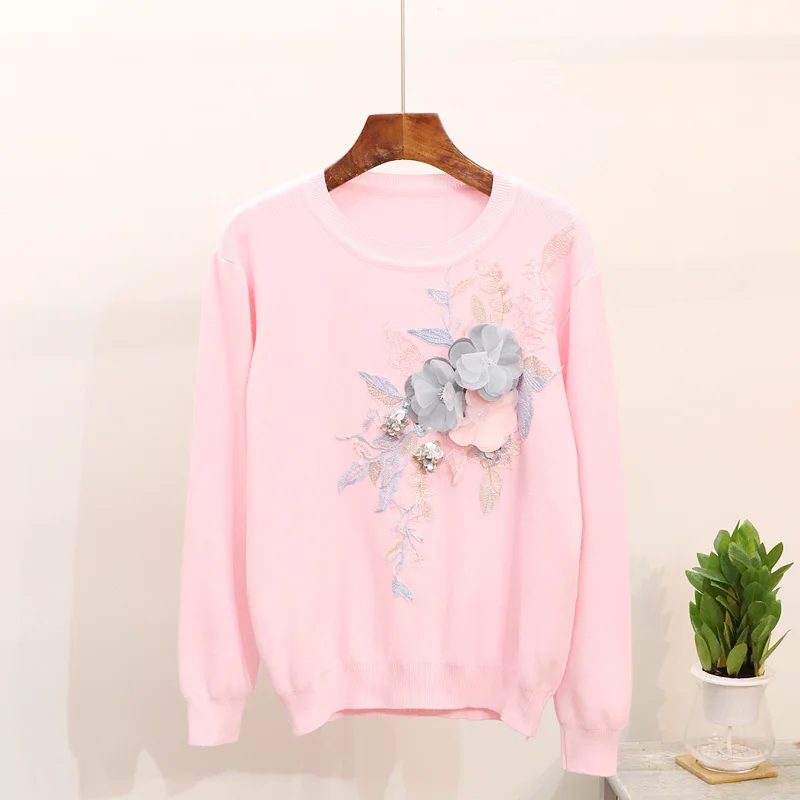 Autumn Knitted Sweater Women Knitting Pullover Embroidery Sequin 3D Floral Femme Tops Korean Harajuku Knitwear Jumper Coat | Женская