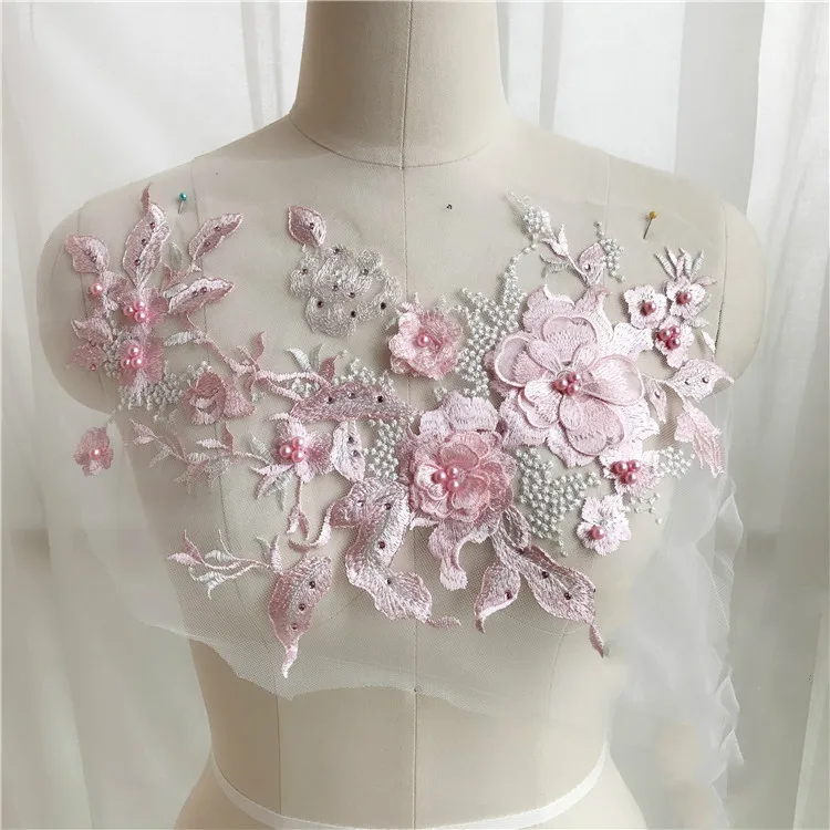 1 шт., фиолетовое, розовое, голубое вышитое бисером 3D свадебное платье, Цветочная кружевная нашивка, одежда для выступлений, кружевные аксессуары для рукоделия, аппликация