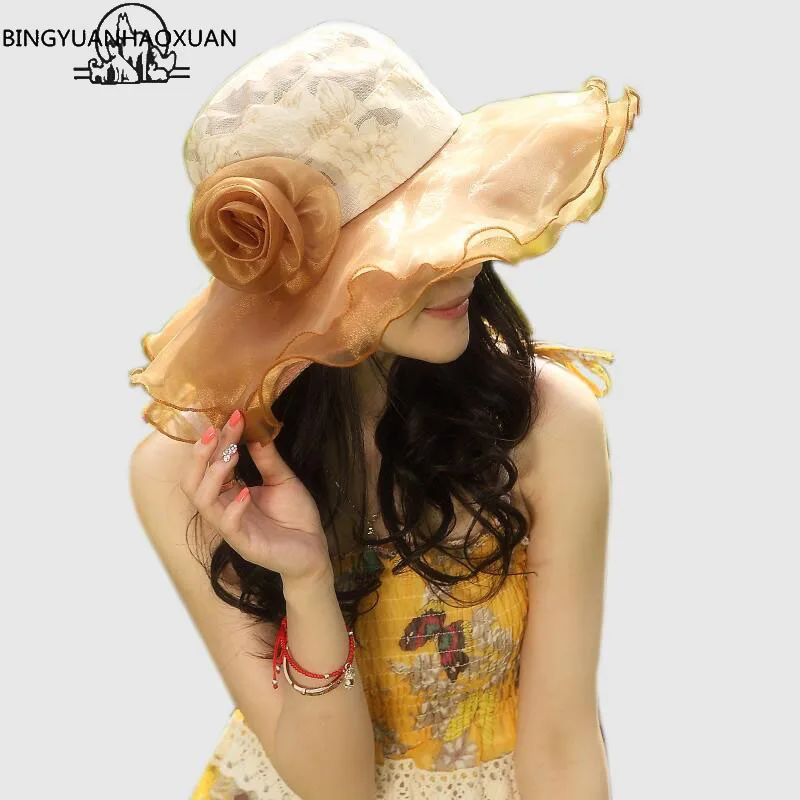 BINGYUANHAOXUAN 2018 для женщин шляпа из органзы с цветочным рисунком и оборками