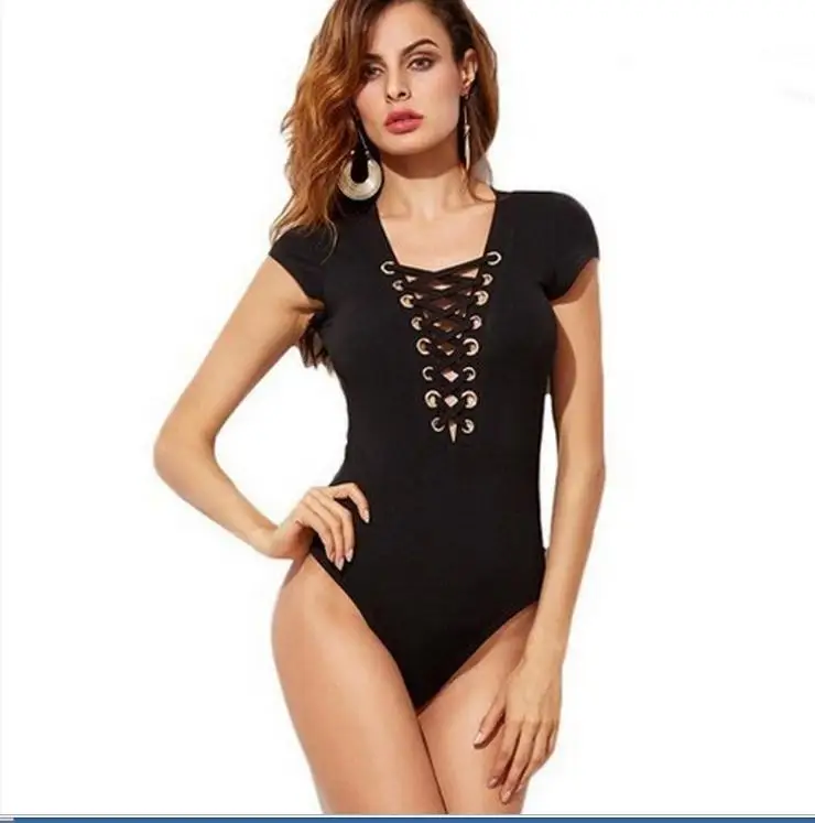 Womens Ladies Thread cotton Sleeves Stretch V Neck Bodysuit Leotard Top T Shirt