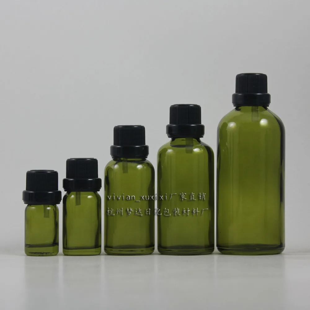 50pcs 100ml light green dropper glass bottle with platic black screw cap, empty Olive green 100 ml glass essential oil bottle
