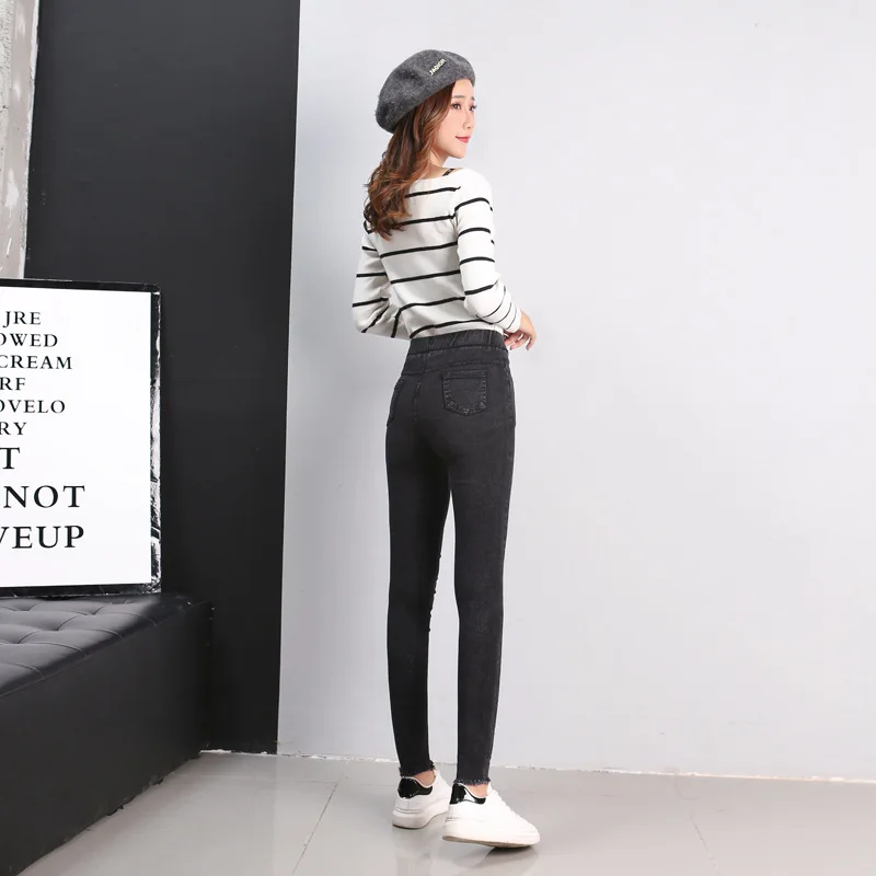 

2018 Autumn New Slim Pencil Pants Vintage Elastic High Waist Printing Jeans Pants Ankle Length Pants Plus Size