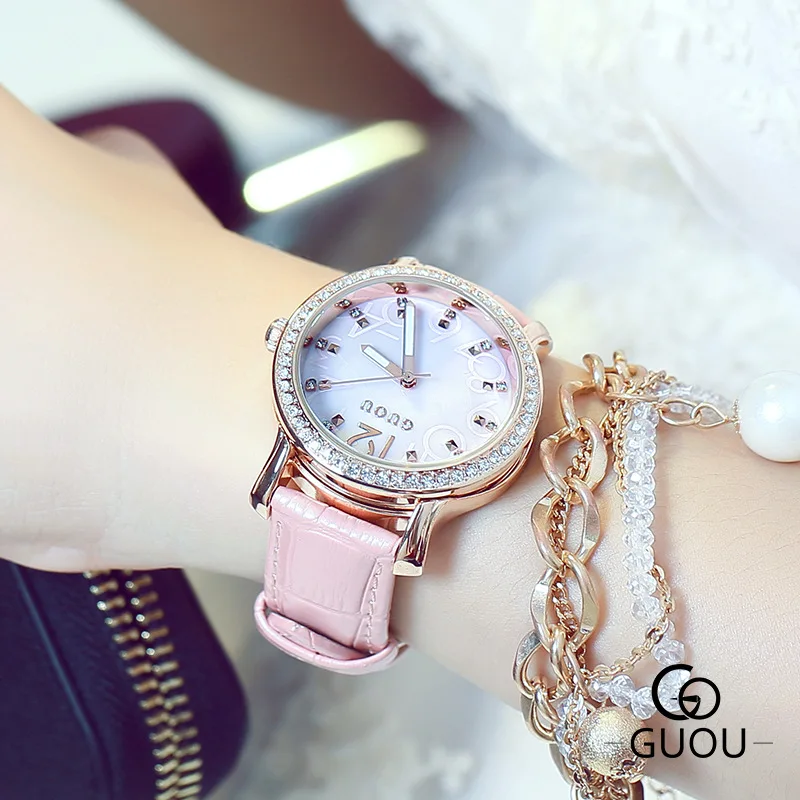 Люксовый бренд AAA GUOU модные блестящие Кварцевые часы со стразами женские кожаные