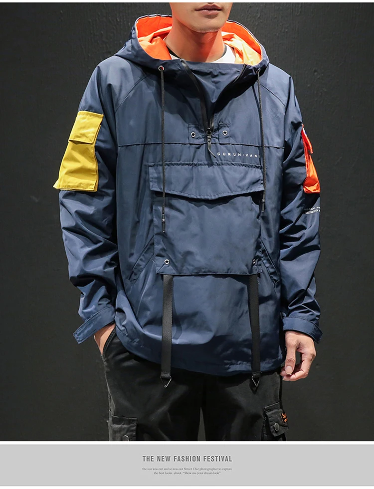 Hip Hop Spring Jackets Men Windbreaker Patchwork Autumn Loose Casual Hooded Jacket Male Coats Zipper Tracksuit Streetwear