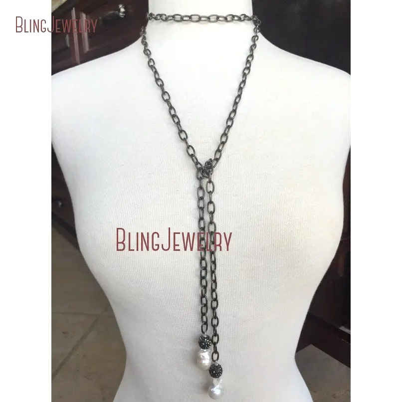 White Freshwater Baroque Pearl Necklace Gunmetal Pave Crystal Ball on Chain Lariat NM18365 | Украшения и аксессуары
