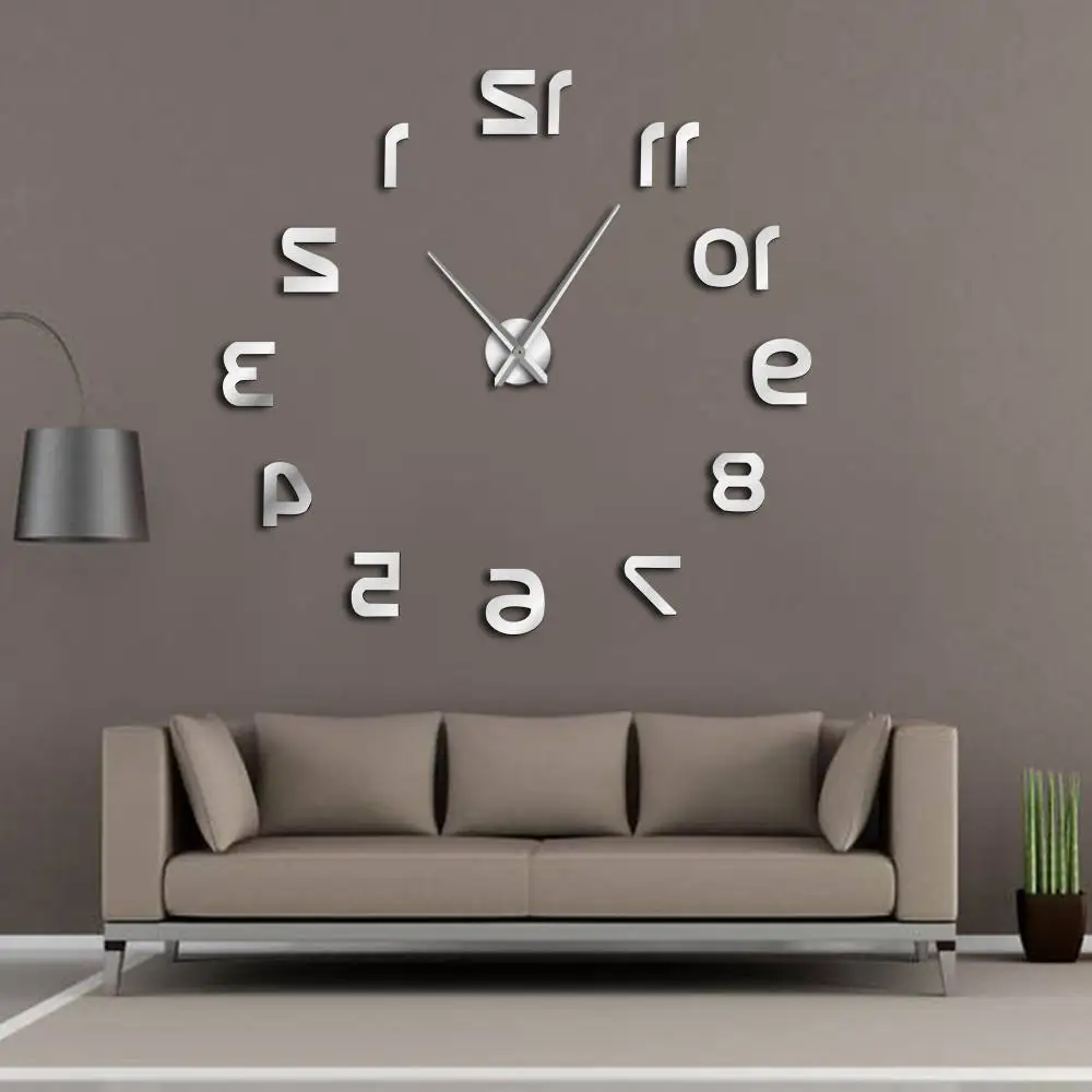 Rückwärts DIY Große Wanduhr Moderne Design Reverse Zahlen Rahmenlose Wand Uhr Luxus Spiegel Effekt Big Nadel Reverse Uhr